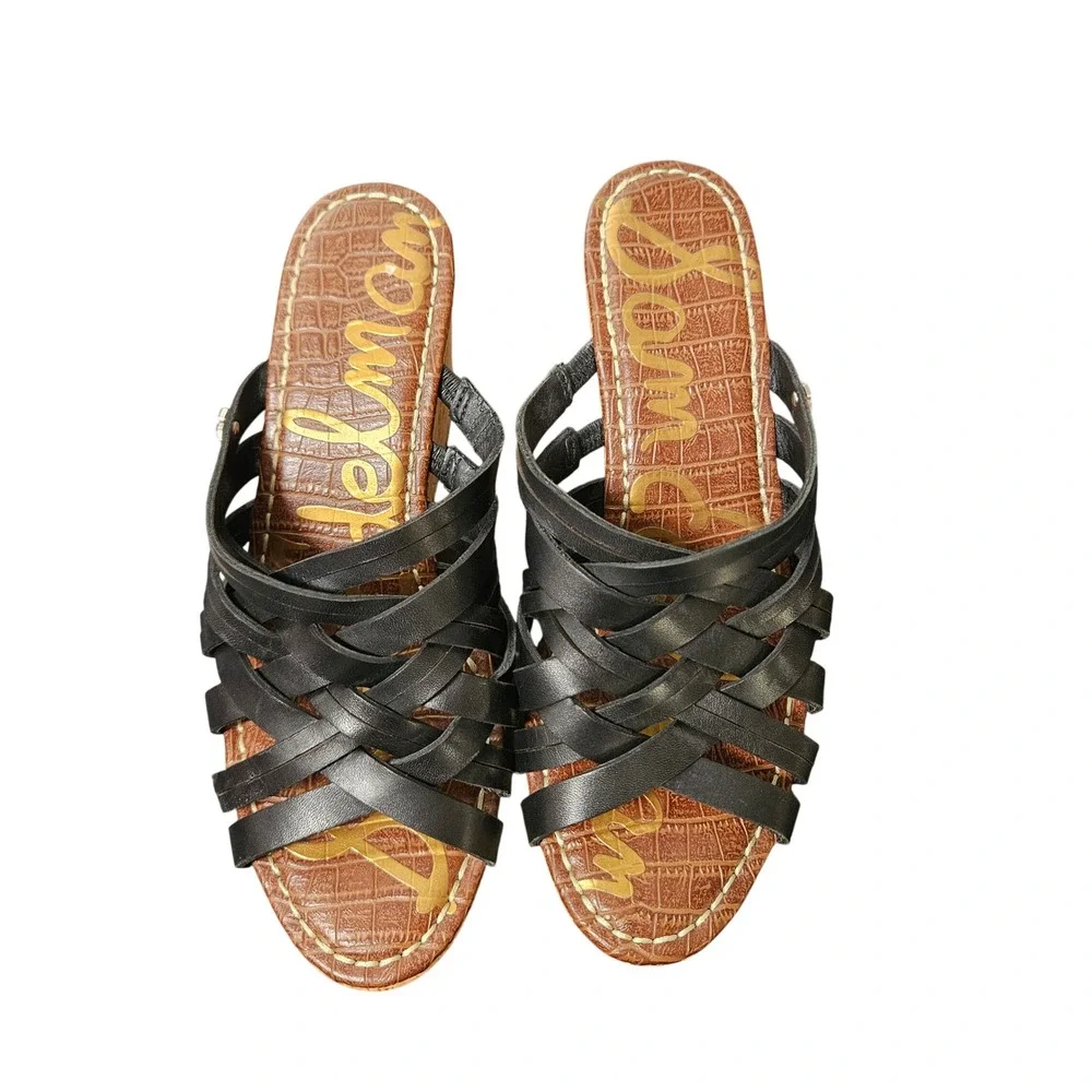 Sam Edelman Black Leather Strappy Cork‎ Wedge Platform Sandals Womens 8